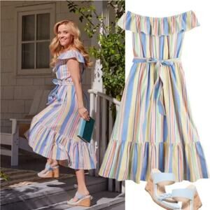 Draper James RSVP Striped Off the Shoulder Midi Dress Multi Color Small